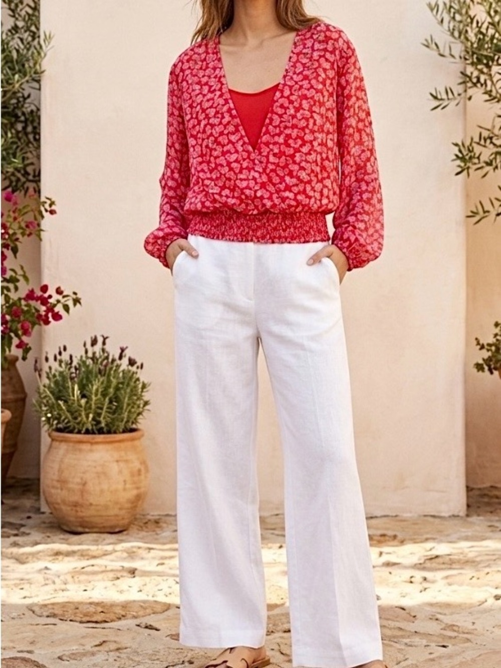 New CeCe Red Heart Floral Print Sheer Long Sleeve Red Faux Wrap Blouse Large